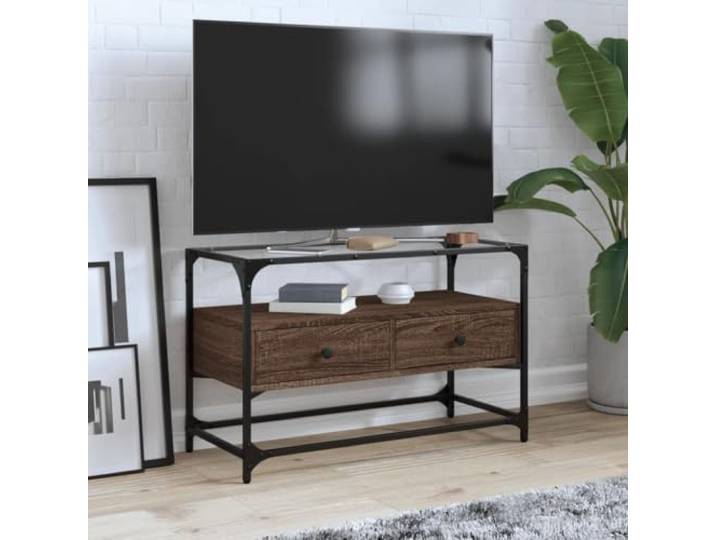HEFZGDB TV-Schrank mit Glasplatte Braun Eiche 80x35x51 cm Holzwerkstoff Metallrahmen Industriestil Stauraum Schubladen Wohnzimmer Beistellschrank