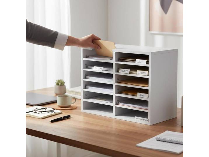 Organisateur de bureau en bois 52x30,5x41 cm blanc, trieur de documents à 12 compartiments, corbeille à courrier, panneau aggloméré, étagère amovible, classeur pour le rangement de fichiers,