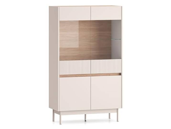 Lomadox Wohnzimmer-Highboard 92 cm breit 2 Türen 2 Glastüren in Kaschmir matt mit Eiche Rillenoptik Glaseinlegeboden grifflos Metallfüße