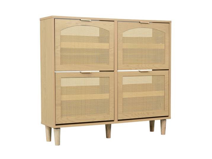 SCHUHSCHRANK im Landhausstil Rattan Eiche Optik mit 4 Klappschubladen