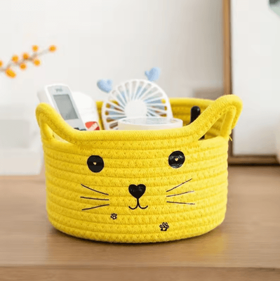 Inspire Picks Cat Face Woven Cotton Storage Basket Cute Home Organizer For Toys, Clothes & Pet Supplies yellow