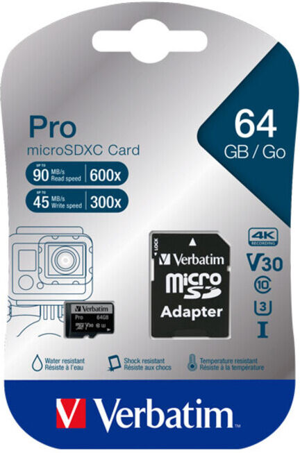 Verbatim Carte microSDXC 64 Go PRO Classe 10 U3 UHS-I (47042)