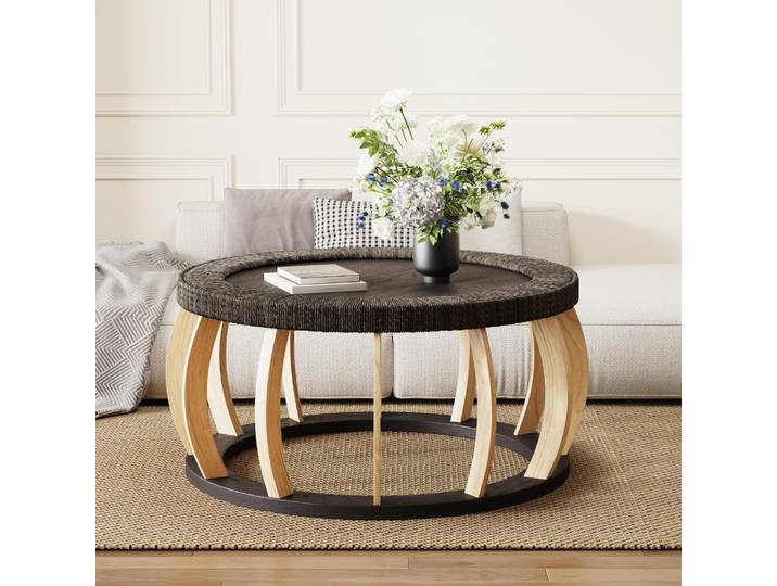 STILVORA Couchtisch aus Massivholz mit Rattan, runder Tisch mit gebogenen Beinen im Vintage-Stil, Beistelltisch im Boho-Design für Wohn- und Essbereich, Tisch für Küche und Wohnzimmer