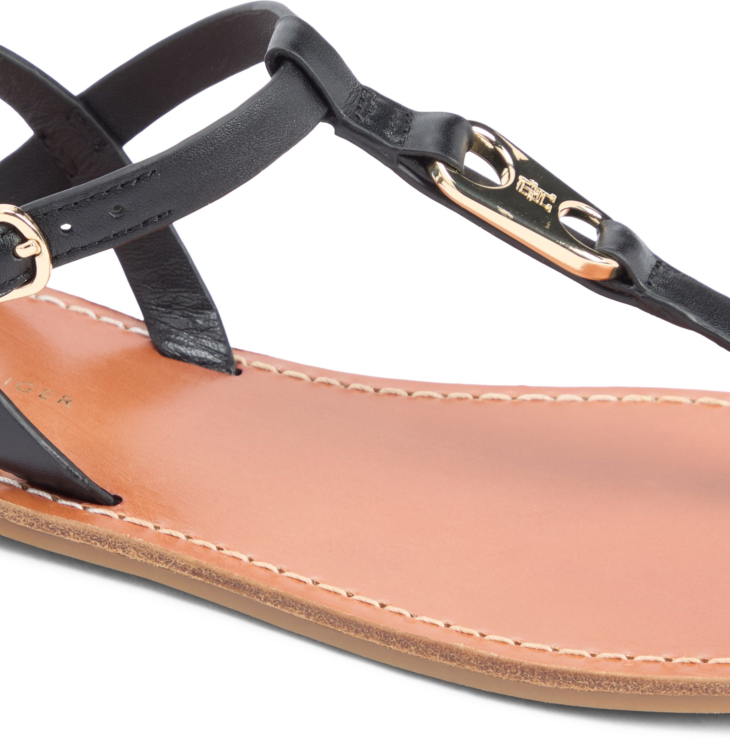 Riemchensandale TOMMY HILFIGER "LEATHER THONG SANDAL", Damen, Gr. 41, Leder, schwarz, unifarben, Basic, Schuhe Riemchensandale, Sommerschuh, Sandalette mit Schmucklogo schwarz 41, Leder