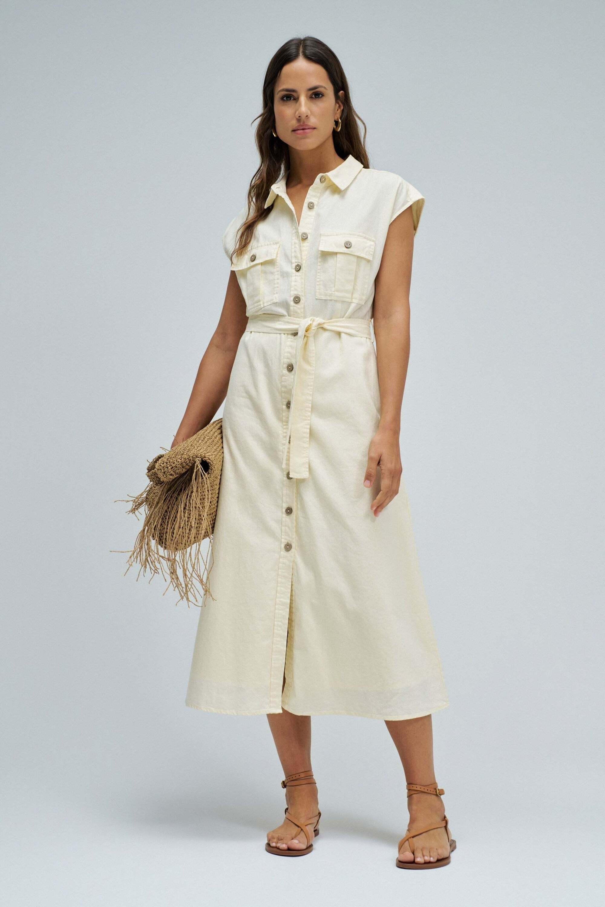 Midikleid SALSA "Salsa Jeans Midikleid Sleeveless Shirt Dress", Damen, Gr. S, N-Gr, gelb, Obermaterial: 50% Baumwolle CO. 50% Leinen LI., Kleider Midikleid gelb S, N-Gr