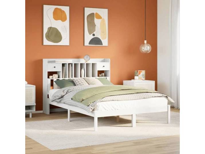 Lit double Adulte Lit bibliothèque - SOLOMON - blanc 140x190 cm bois pin massif JILL'S 65016