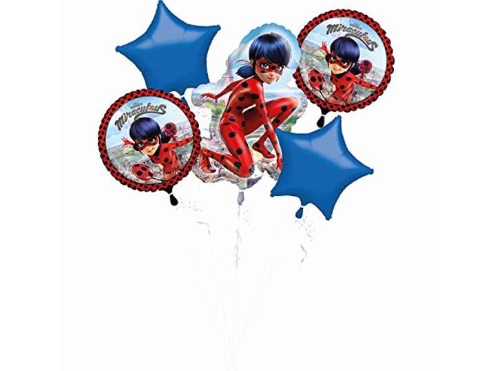 Miraculous Amscan 3796501 - Bouquet folieballon Miraculous, 5 stuks, Ladybug, souvenir, cadeau