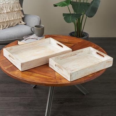 ARCILLA ELEMENTAL Cream Mango Wood Handmade Whitewashed Living Room Decor Tray with Carved Mandala Interior (Set of 2)