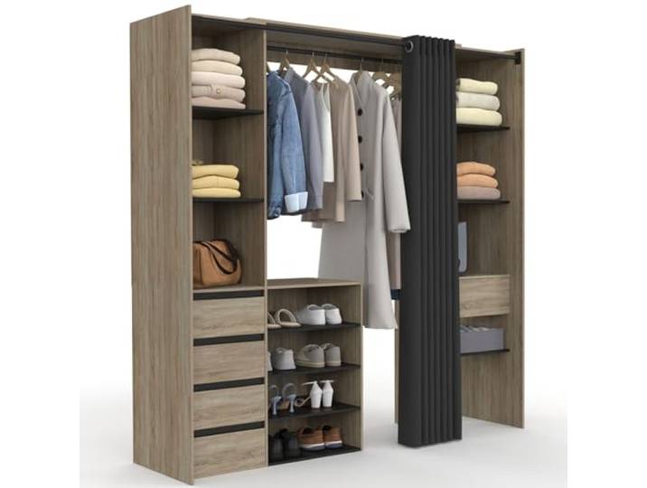 IDMarket - Dressing extensible double XXL MERYL 120/180 hêtre et noir Avec penderie + 7 étagères + 5 tiroirs + 4 étagères à chaussures + rideau noir