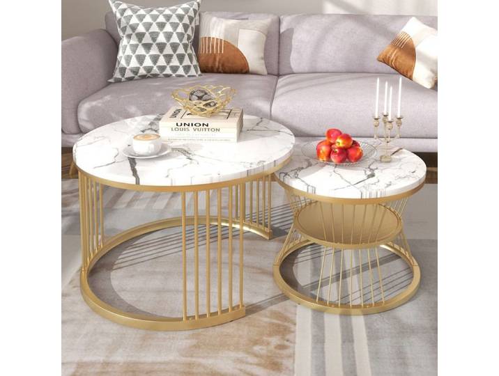 Table basse - Lot de 2 Table Basse - Style Moderne - Ronde - Blanc et Or - Table Basse Gigogne - Bois Marbre et Pieds Métal - 70/45