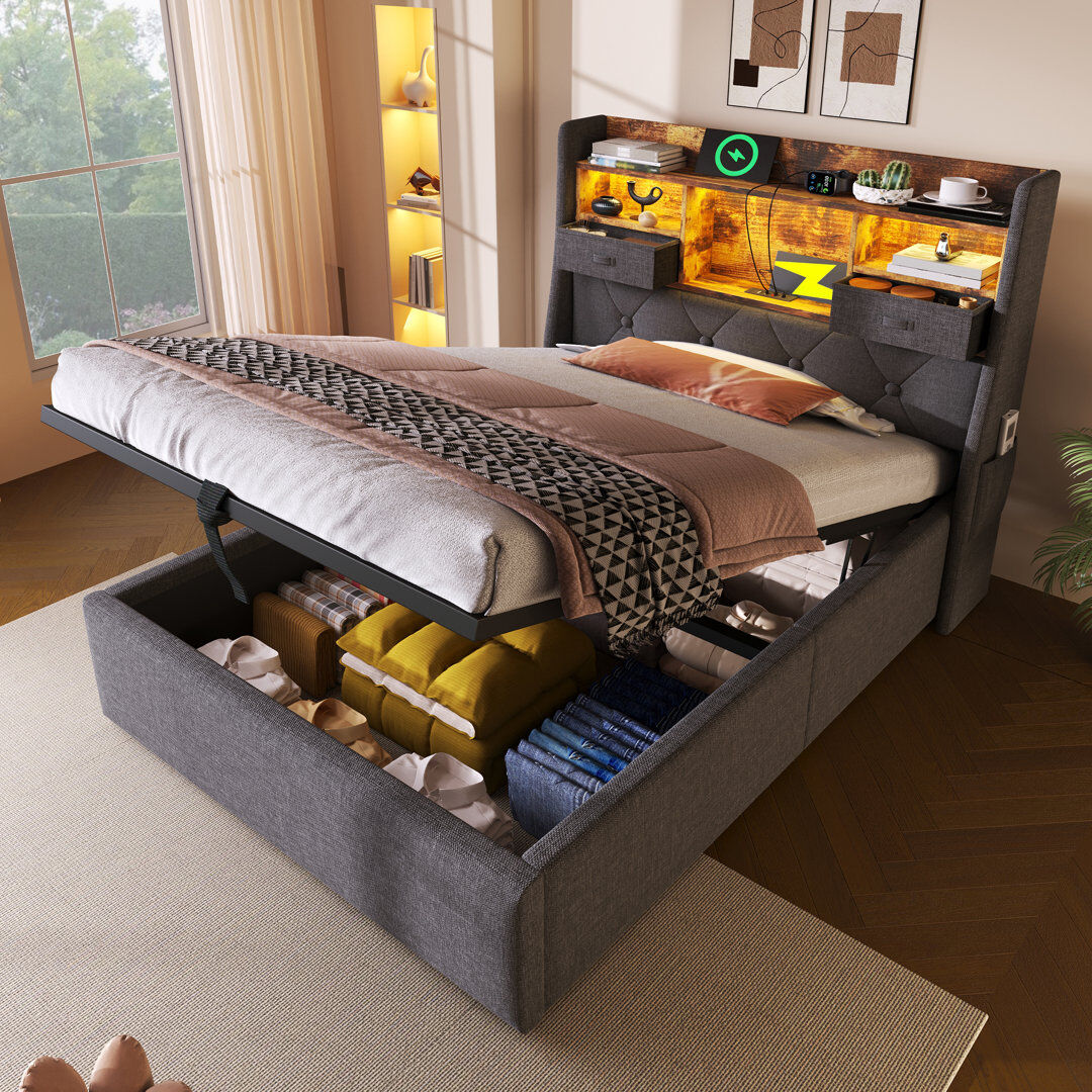 Ivy Bronx Upholstered Lift Up Storage Ottoman Bed Gray 3ft