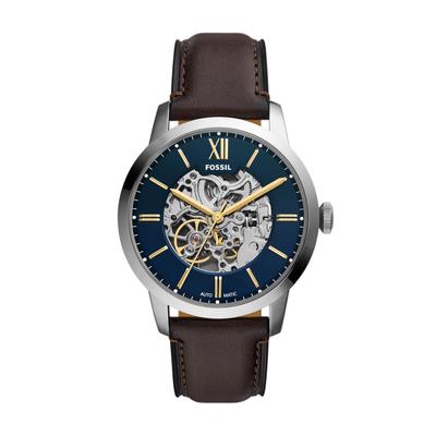 Automatikuhr FOSSIL "Townsman", braun (braun, blau, blau), Armbanduhren, Herren, edelstahlfarben, Automatikuhr, Armbanduhr, Mechanische Uhr, Lederarmband, analog
