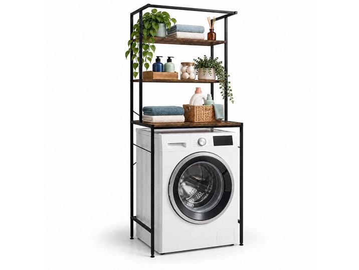 Relaxdays Waschmaschinenregal Schwarz Metall über Waschmaschine 3 Ablagen, Braun, Metall, Holzwerkstoff, 66x161x40 cm, Waschküche, Waschmaschinenschrank