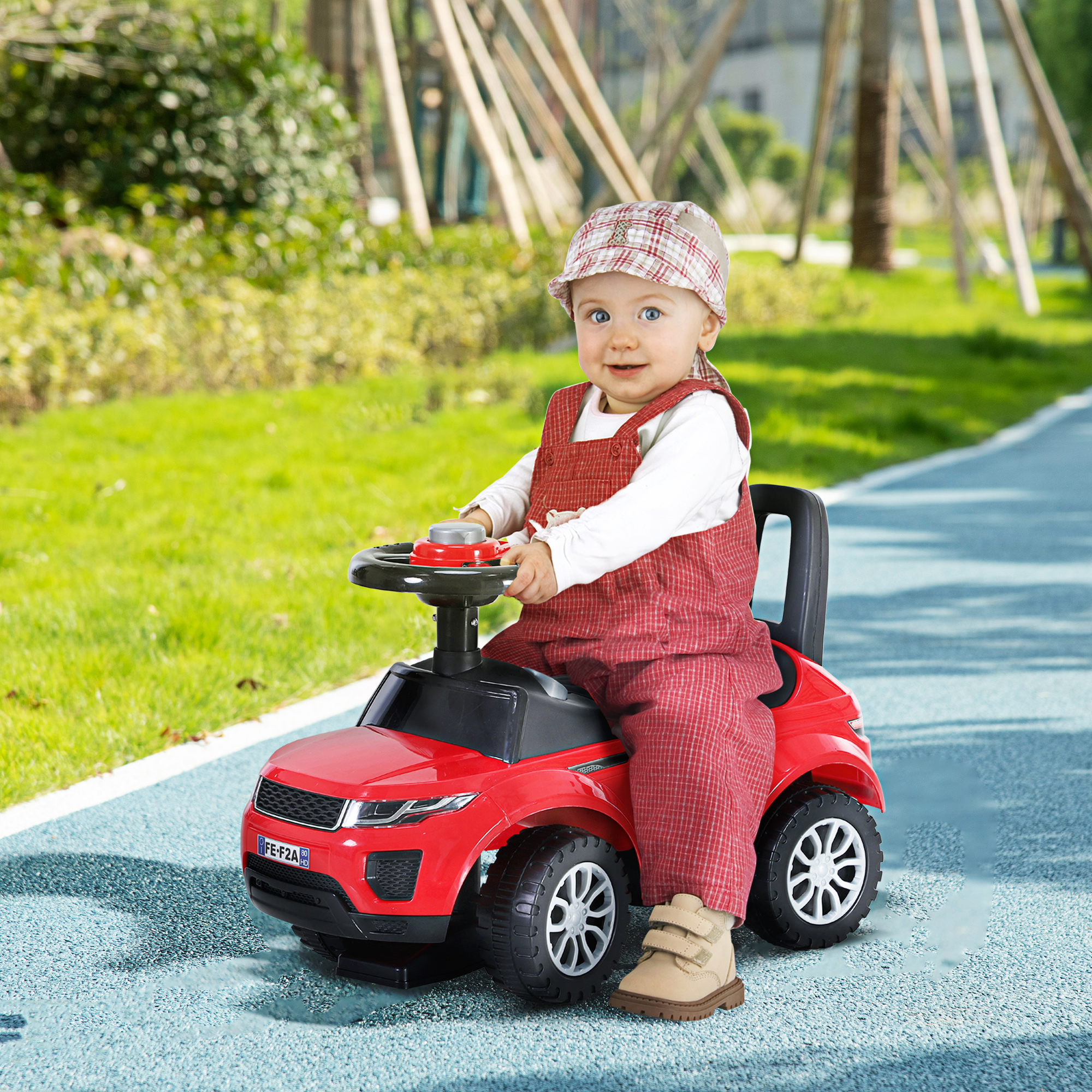 Homcom Macchina Cavalcabile per Bambini 1-3 anni, Macchina Primi Passi a Spinta con Suoni,Luci e Vano Contenitore e Schienale, Rossa Aosom