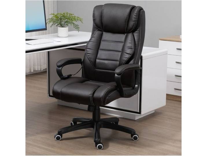 Chaise de bureau ergonomique massante marron avec dossier haut bascule rotation 360° et hauteur réglable