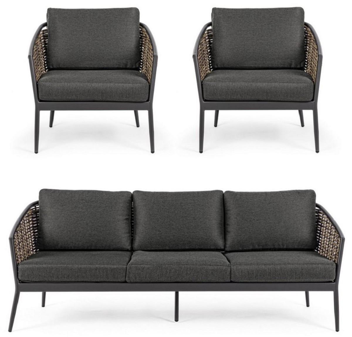 Casa Padrino Luxus Gartenmöbel Set Anthrazit / Braun - 1 Luxus Gartensofa & 2 Luxus Gartensessel - Garten Möbel - Terrassen Möbel - Hotel Möbel - Pool Möbel - Outdoor Möbel - Luxus Möbel