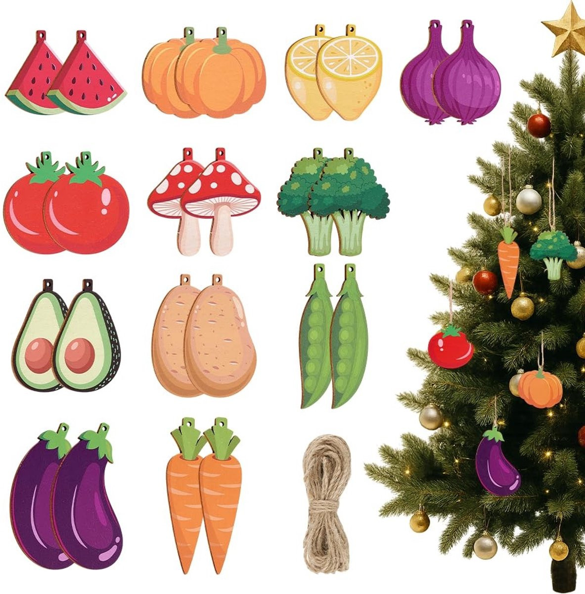 LAUZY Kerstboomversiering 24 Stuks - Veelkleurige Houten Ornamenten met Fruit en Groenten