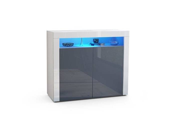Vladon Commode buffet Valencia en Blanc mat - Gris haute brillance - Blanc haute brillance