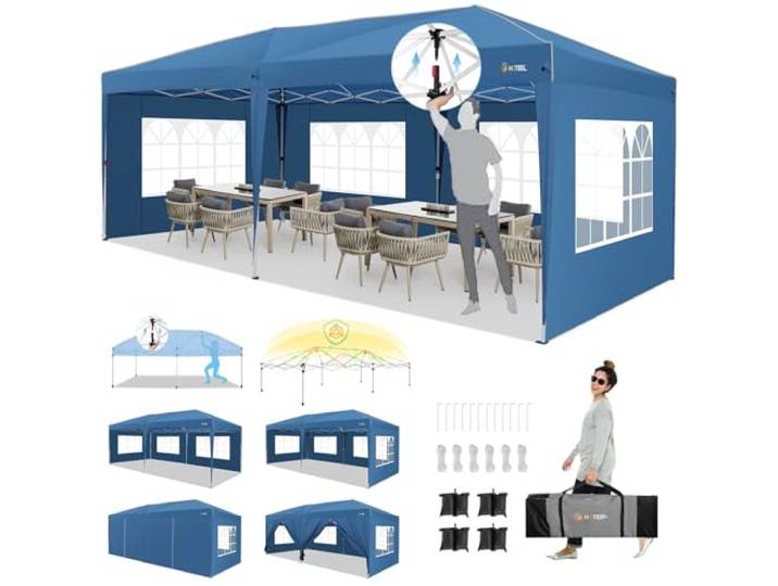 HOTEEL Pop-Up-Zelt mit Mittelschloss, 3 x 6 m, einfach aufzubauen, Baldachin mit 6 Seitenwänden, 4 Sandsäcken, wasserdichte Zelte für Partys, Hinterhof, Veranstaltungen, Himmelblau