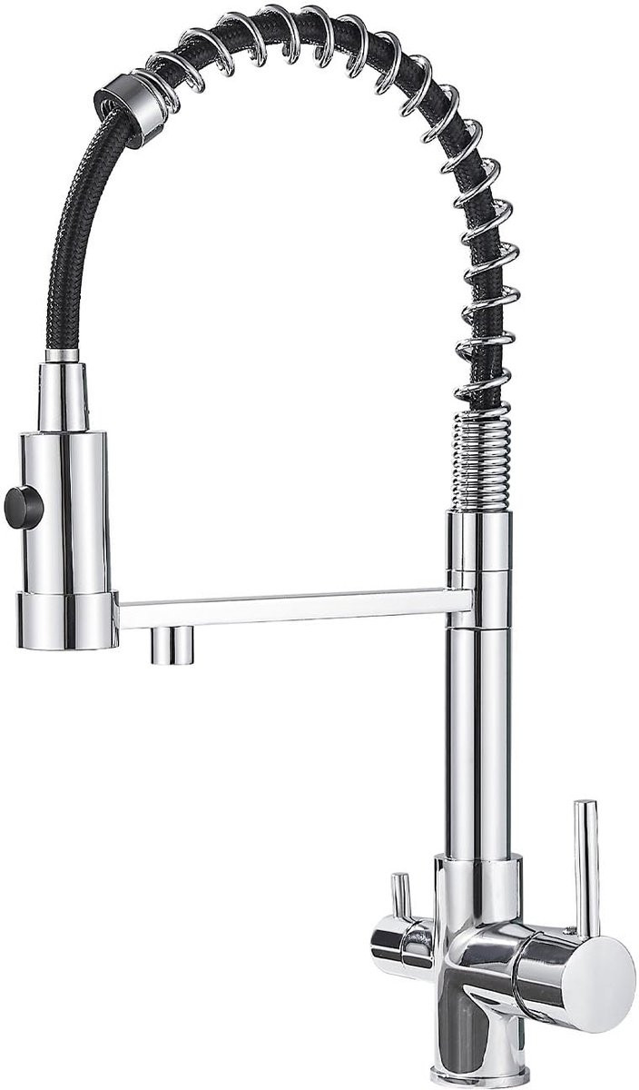 Moderne 3-weg keukenkraan met flexibele uitloop en filterwaterfunctie, roestvrij staal, chroom/zilver