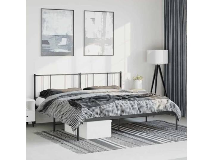 RJPLMFV Bettgestell aus Metall, Schwarz, 183 x 213 cm Pulverbeschichteter Stahl, inklusive Latten, Stauraum unter dem Bett, Kopfteil zur Unterstützung des Rückens
