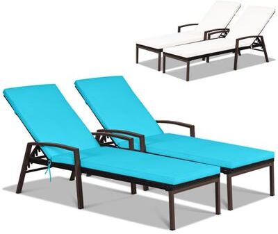 Costway 2 Pieces Patio Rattan Reclining Chaise Lounge Chair with Cushion and Armrest-Turquoise and White