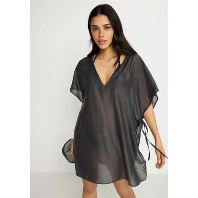 Chiffontunika LSCN BY LASCANA, Damen, Gr. L, schwarz (anthrazit), Chiffon, Obermaterial: 100% Polyester, unifarben, figurumspielend ca. Mitte Oberschenkel, V-Ausschnitt, Tuniken, seitlich zum Knoten, transparente Strandtunika
