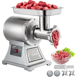VEVOR Gewerblicher Fleischwolf Elektrisch 1100 W, 193 U/min Edelstahl-Fleischwolf Wurstfüller mit Lochscheiben und Stopfer, Hochleistungs-Fleischwolfmaschine Wurstfüllmaschine Silber