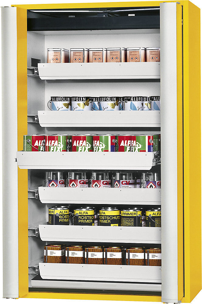 Feuerbeständiger Gefahrstoff-Falttürschrank Typ 90, halbautomatisch, mit 6 Schubladen, goldgelb asecos