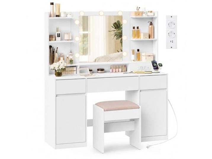 VASAGLE Kailyn Kollektion - Schminktisch mit Spiegel und LED-Leuchten, Hocker, Steckdosenleiste, 2 Schränke, 9 dimmbare Glühbirnen, 3 Lichtfarben, werkzeuglose Gleitschienen, wolkenweiß