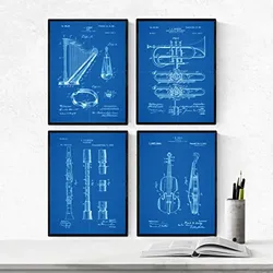 POSTER Set mit 4 Blau Orchester Instrumenten Patenten A4 Schwarzer Rahmen