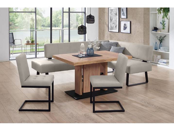 Essgruppe, Leder CASAY, Grau, 227×50 cm, Ausziehbar & Eckbank, K+W Komfort & Wohnen