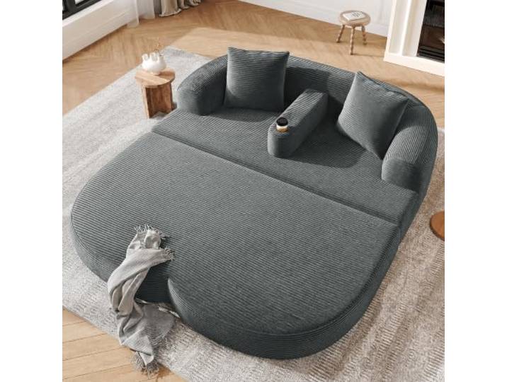 Modernes 2-Sitzer Bodensofa aus Cordstoff, Klappbares Loungesofa，Dunkelgrau mit Lounge-Funktion, Vakuumkomprimiert, Montagefrei, Abnehmbare Armlehne mit Becherhalter, für Wohnzimmer & Apartments