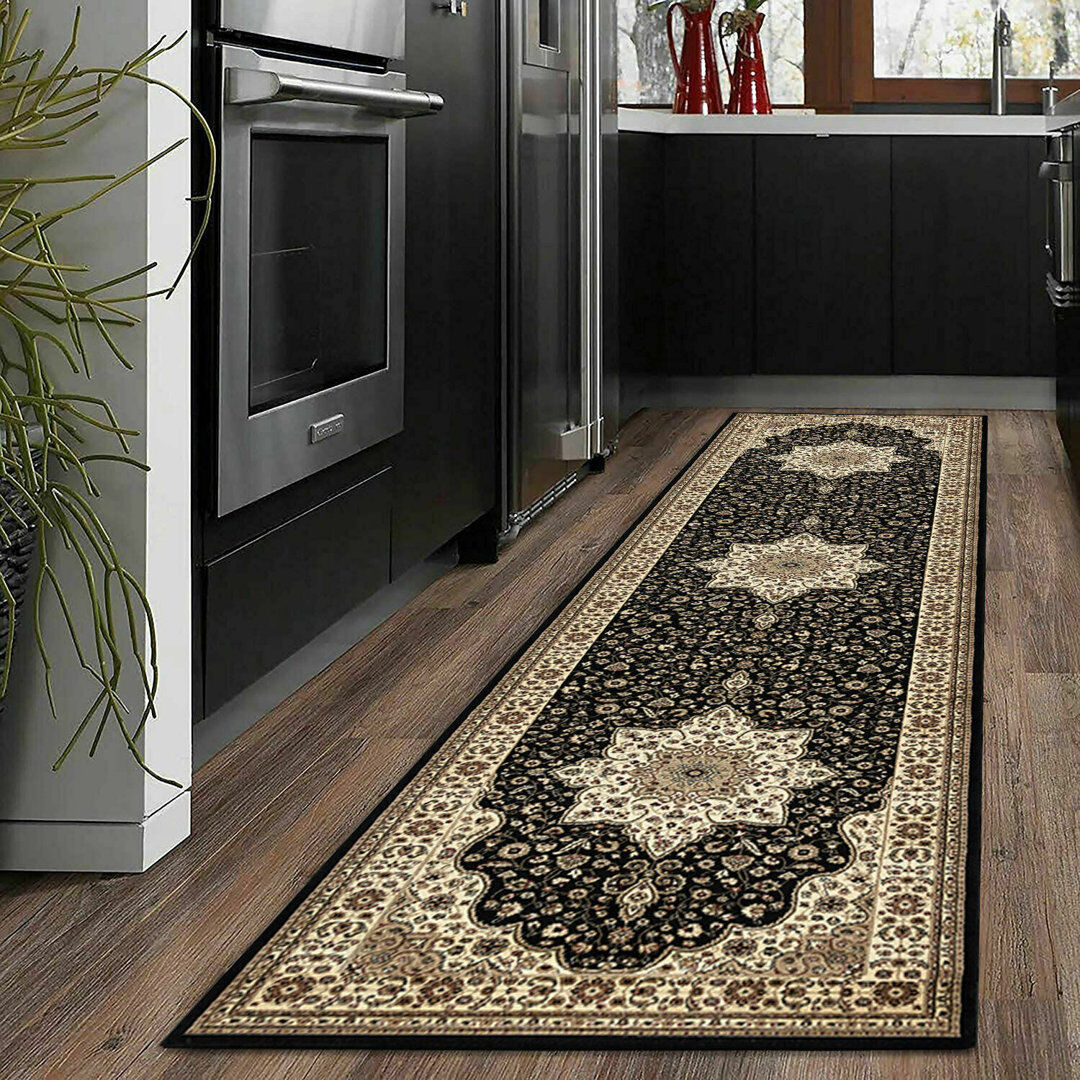 Rosalind Wheeler Frohlinger Floral Area Rug Black Runner 60 x 220cm