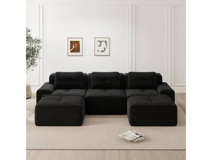 Canapé - KOMHTOM - Modulaire en U - Velours côtelé - 3 places - Pouf inclus
