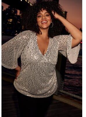 Plus Size Women's Faux Wrap Sequin Top by Avenue in Silver Sequin (Size 14)