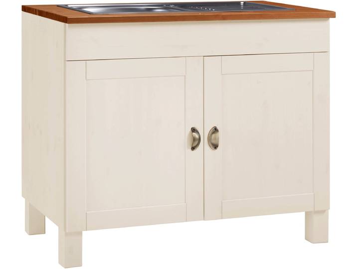Spülenschrank HOME AFFAIRE Oslo , gelb (cremefarben, honigfarben), B:100cm H:85cm T:60cm, Massivholz, Schränke, Spülenschrank, 100 cm breit, in 2 Tiefen, inklusive Einbauspüle aus Edelstahl