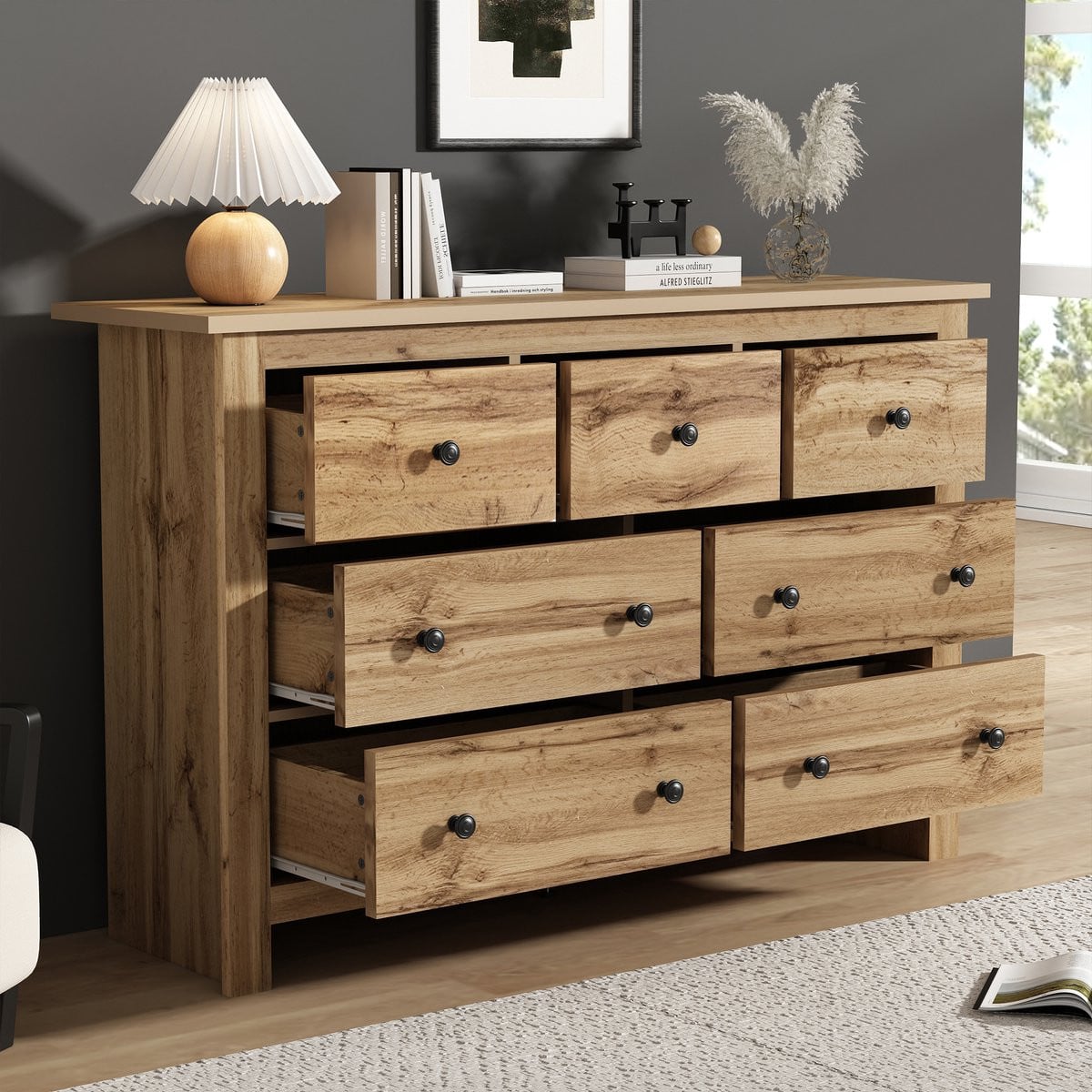 REDOM Sideboard in houtkleur – Modern minimalistisch dressoir met 7 lades en soft-close geleiders
