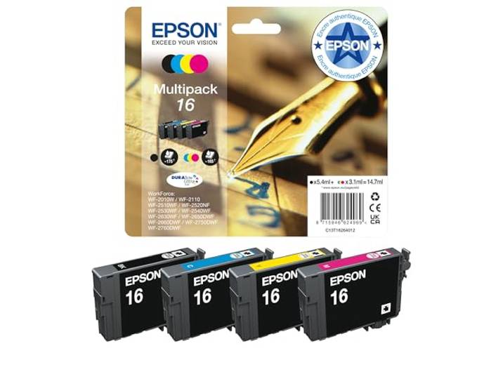 Epson Multipack 16 Stylo Plume\, Cartouches d'encre d'origine\, 4 couleurs: Noir\, Cyan\, Magenta\, Jaune\, WF-2010W WF-2510WF WF-2530WF WF-2540WF WF-2630WF WF-2650DWF WF-2750DWF WF-2660DWF WF-2760DWF