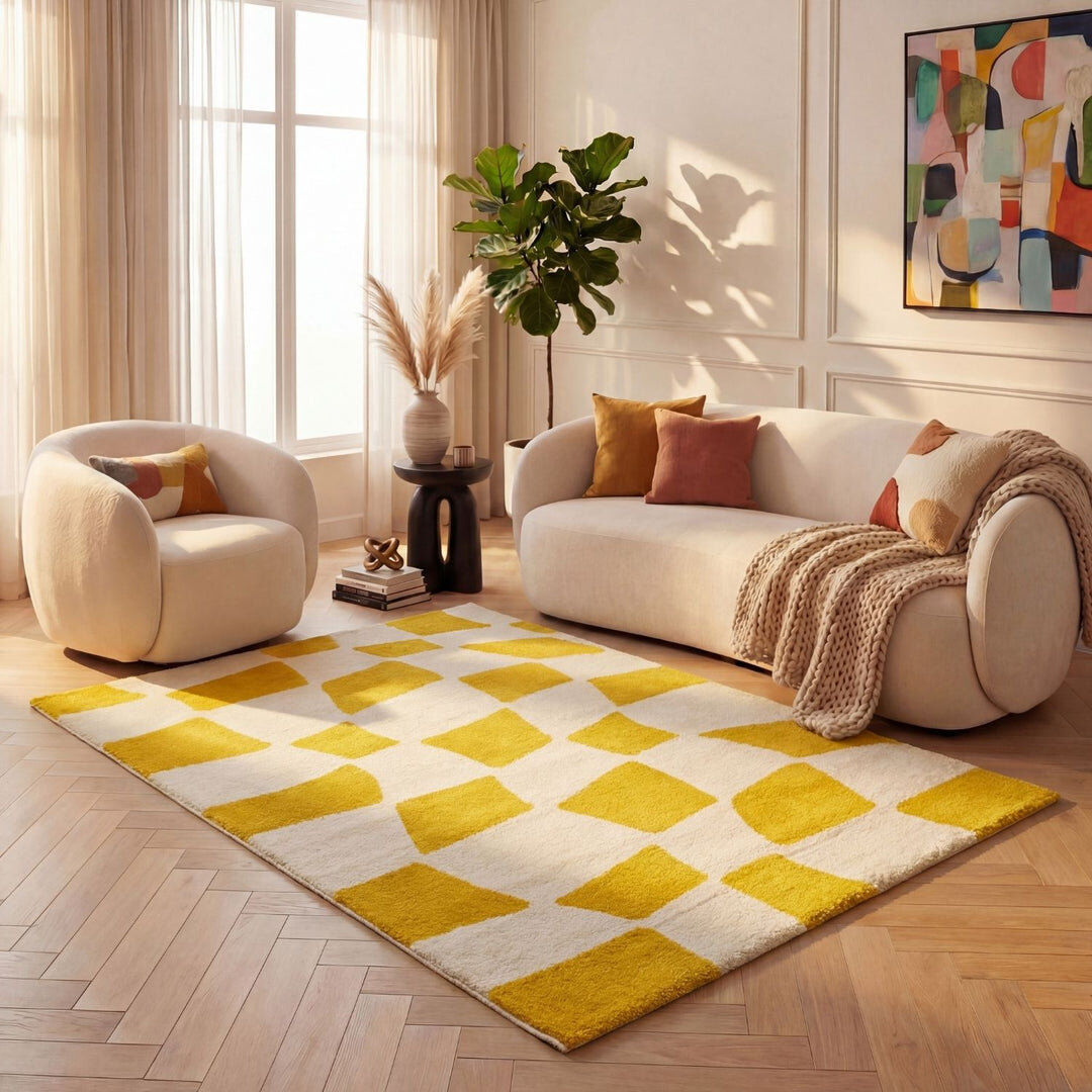 THE RUGS Joli Chequered Area Rug Soft Dense Pile for Living Rooms and Bedrooms Yellow/White Rectangle 160 x 230 cm