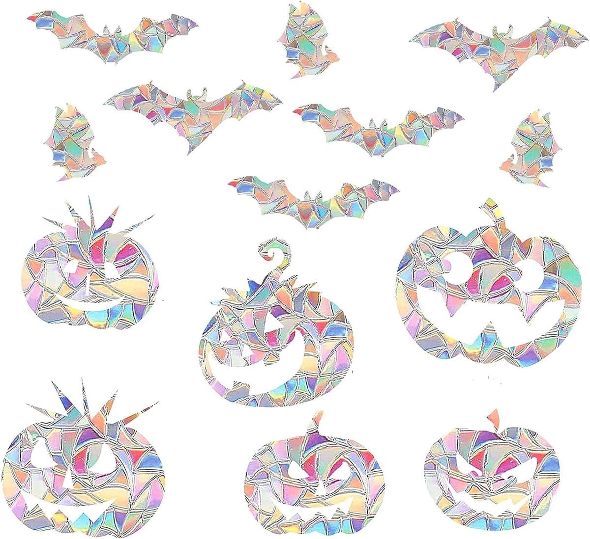 Set van 4 Halloween Raamstickers met Vleermuis en Pompoen voor Vogelbescherming en Decoratie met Regenboogeffect