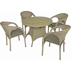 Garden Pleasure Gartenmöbel Set BASTIA, Tisch Ø 100 + 4 Stühle, Polyrattan Ingwerbraun / Polywood / Kissen 100 % Polyester Anthrazit