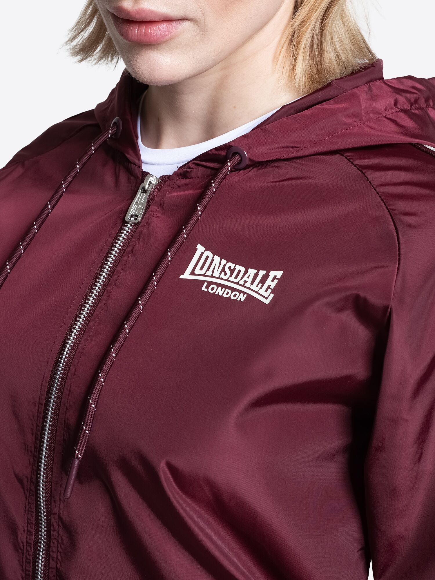 Windbreaker LONSDALE "MERIDEN", Damen, Gr. XS, rot (oxblood, chalk), Obermaterial: 100% Polyester. Futter: 100% Polyester, Jacken Windbreaker, Windbreaker für Erwachsene, aus Polyester, mit Polyesterfutter oxblood, chalk XS