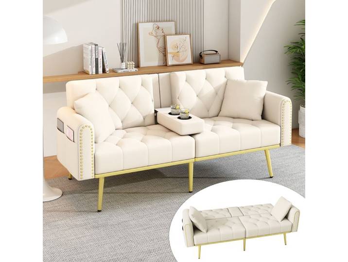 Canapé-lit - HIBA - Double escamotable - Velours beige - 3 positions inclinables - Porte-gobelets pliable