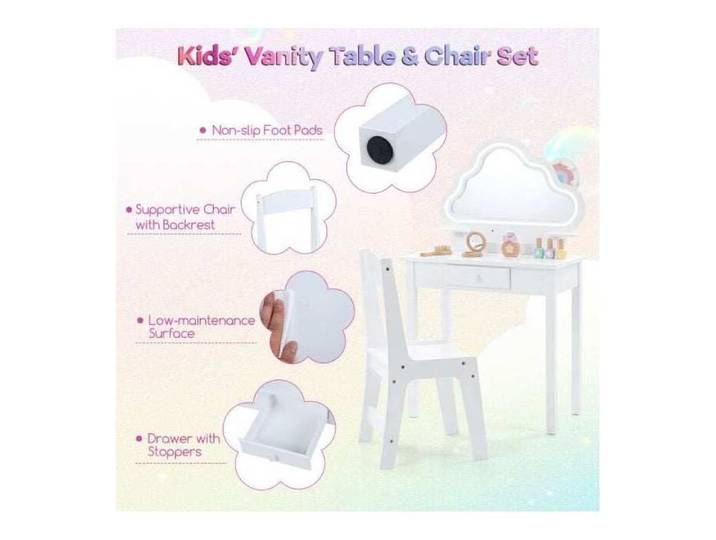 Coiffeuse enfant miroir nuage LED 2 couleurs avec tabouret transformable en bureau pour fille