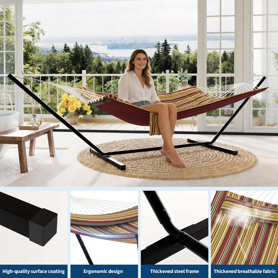 17 Stories ? 2 Person Hammock with Stand for Outside, Double Hammock with Stand and Pillow, Max 450 Lbs Capacity with Balance Rope, Large Hammock for Outdoor Pat Yellow 110cm H X 365cm W X 132.1cm L
