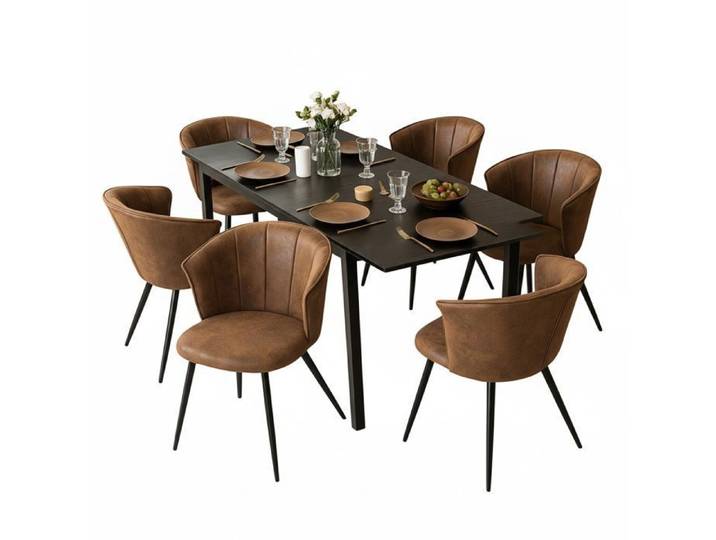 MEUBLES COSY Ensemble table à manger extensible noire avec 6 fauteuils en suédine et accoudoirs intégrés