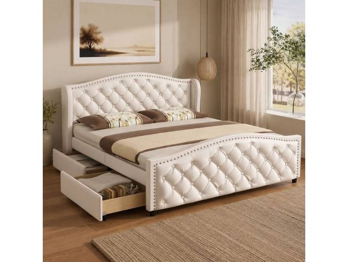 Lit coffre rembourré design Chesterfield avec tiroirs latéraux FloraGrace 140x200 cm capitonné