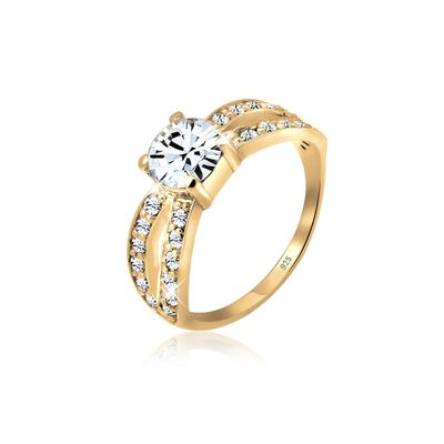 Silberring ELLI "Ring Solitär Glamourös Kristall 925 Silber" Gr. 58, gold, Fingerringe, Damen, 58, Silber 925 (Sterlingsilber), Silberring