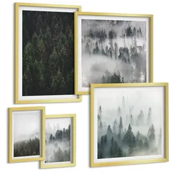 BILDER SET 5er Set - 50x50 cm & 20x30 cm & 40x60 cm Goldrahmen - Grüne Wälder, neblige Landschaft